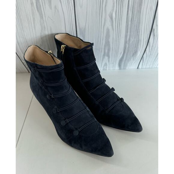 Nine West Zadan Blue Suede Pointed Military Button Boot Kitten Heel Size 9 - Picture 1 of 6